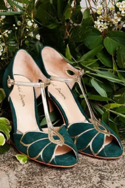 Offener Brautschuh in Tannengrün und Gold - Mimosa