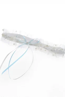 Strumpfband in Blau und Ivory mit Schleife und Kunstperlen