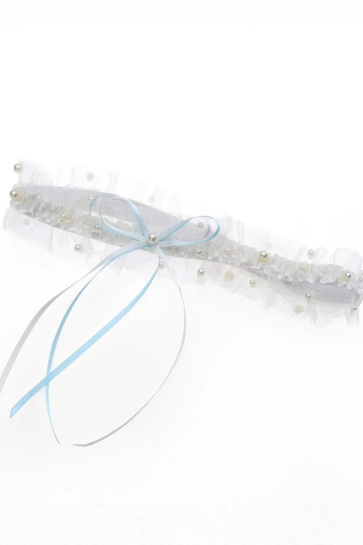 Strumpfband in Blau und Ivory mit Schleife und Kunstperlen